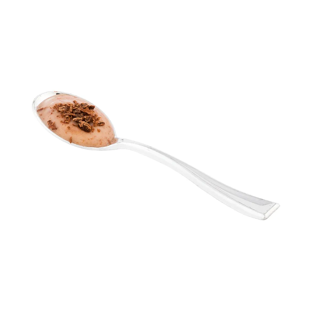 100 2 oz Square Black Plastic Girata Dessert Dish and 100 Silver Plastic 4" Mini Spoons