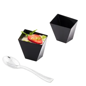 100 2 oz Square Black Plastic Girata Dessert Dish and 100 Silver Plastic 4" Mini Spoons