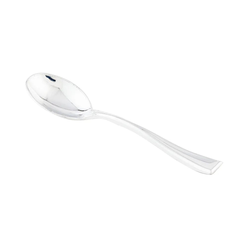 100 2 oz Square Black Plastic Girata Dessert Dish and 100 Silver Plastic 4" Mini Spoons