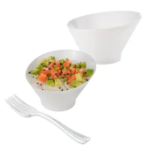 100 5 oz Round White Plastic Small Incline Bowls and 100 Silver Plastic 4" Mini Forks