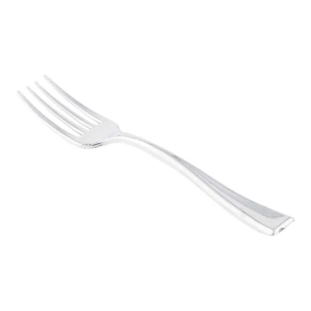 100 5 oz Round White Plastic Small Incline Bowls and 100 Silver Plastic 4" Mini Forks