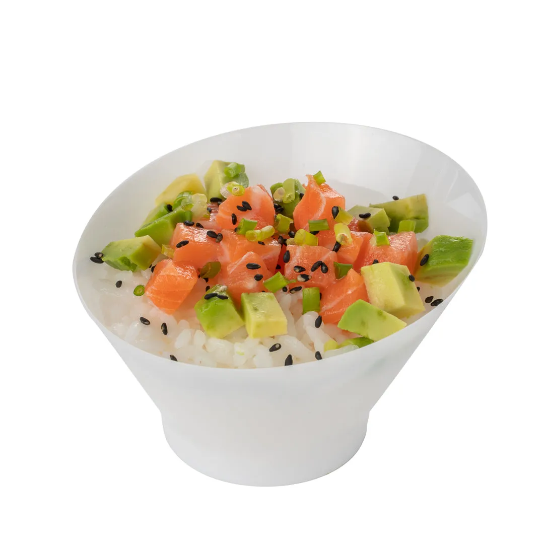 100 5 oz Round White Plastic Small Incline Bowls and 100 Silver Plastic 4" Mini Forks