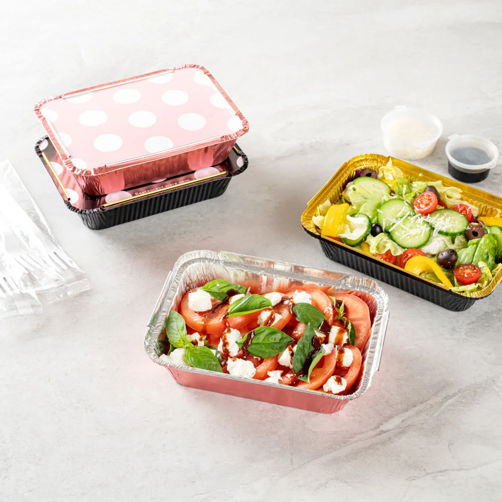 16 oz Rectangle Pink Aluminum Take Out Container - Polka Dot Paper Lid - 7 1/4" x 5 1/4" x 2" - 50 count box