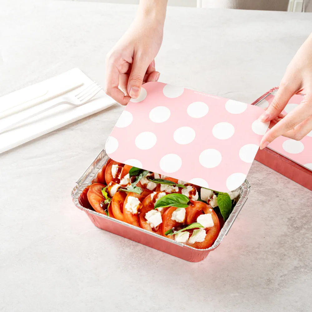 16 oz Rectangle Pink Aluminum Take Out Container - Polka Dot Paper Lid - 7 1/4" x 5 1/4" x 2" - 50 count box
