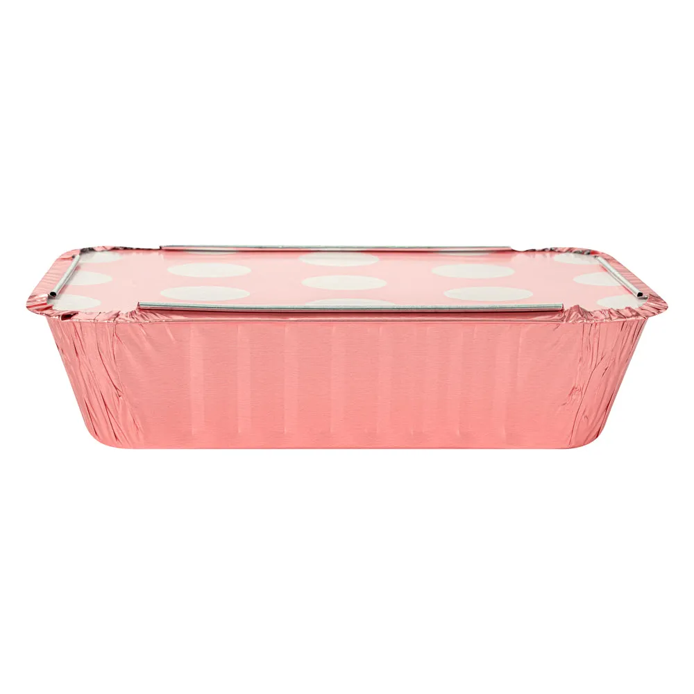 16 oz Rectangle Pink Aluminum Take Out Container - Polka Dot Paper Lid - 7 1/4" x 5 1/4" x 2" - 50 count box