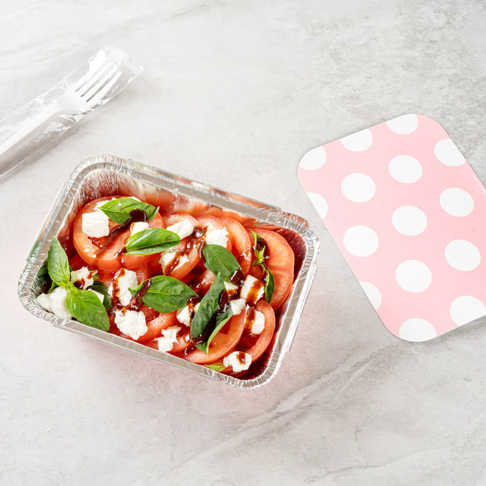 16 oz Rectangle Pink Aluminum Take Out Container - Polka Dot Paper Lid - 7 1/4" x 5 1/4" x 2" - 50 count box
