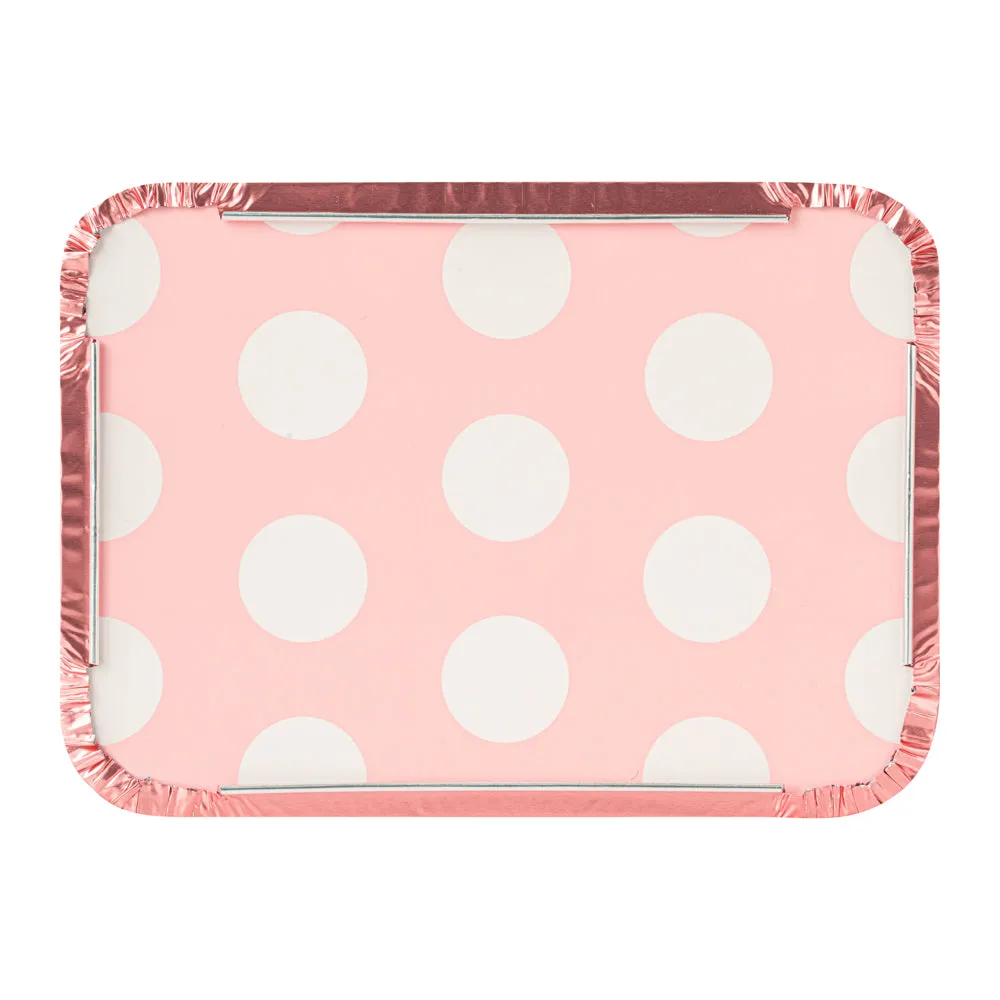 16 oz Rectangle Pink Aluminum Take Out Container - Polka Dot Paper Lid - 7 1/4" x 5 1/4" x 2" - 50 count box