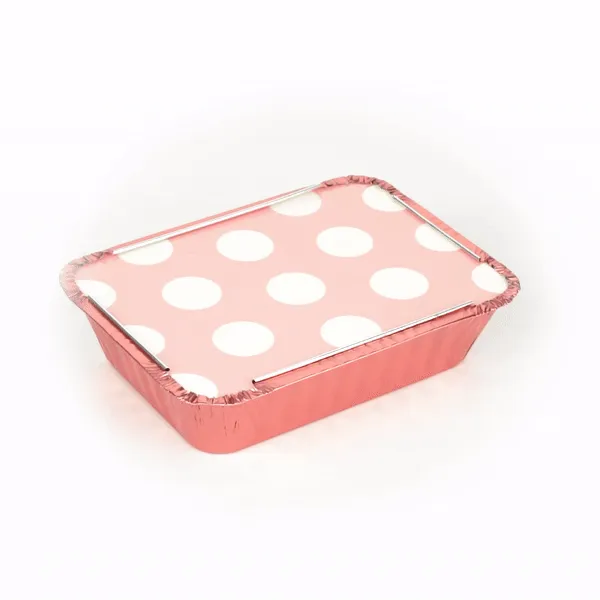 16 oz Rectangle Pink Aluminum Take Out Container - Polka Dot Paper Lid - 7 1/4" x 5 1/4" x 2" - 50 count box