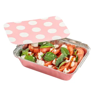 16 oz Rectangle Pink Aluminum Take Out Container - Polka Dot Paper Lid - 7 1/4" x 5 1/4" x 2" - 50 count box