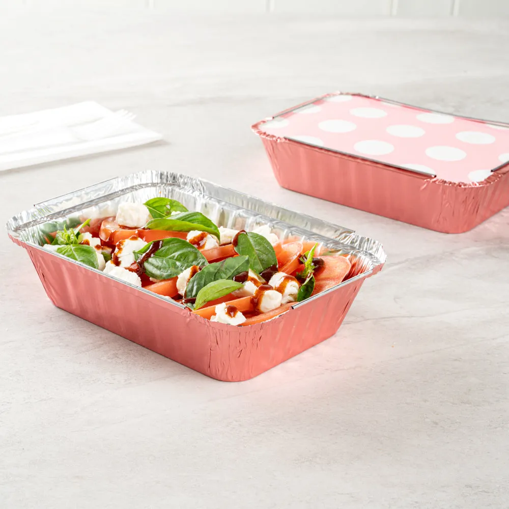 16 oz Rectangle Pink Aluminum Take Out Container - Polka Dot Paper Lid - 7 1/4" x 5 1/4" x 2" - 50 count box