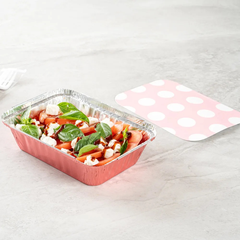 16 oz Rectangle Pink Aluminum Take Out Container - Polka Dot Paper Lid - 7 1/4" x 5 1/4" x 2" - 50 count box