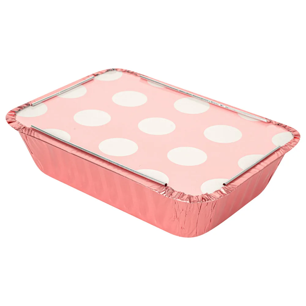 16 oz Rectangle Pink Aluminum Take Out Container - Polka Dot Paper Lid - 7 1/4" x 5 1/4" x 2" - 50 count box