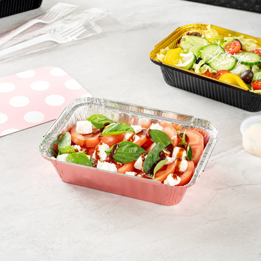 16 oz Rectangle Pink Aluminum Take Out Container - Polka Dot Paper Lid - 7 1/4" x 5 1/4" x 2" - 50 count box