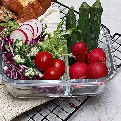 AAVIC MART 2 Partition/Compartment Lunch Box/Container Microwave Highly Heat-Resistant Glass Preservation Box for Kitchen or Outdoor Activities with Airtight Lid and Air Valve 1000ML (Set of 2)