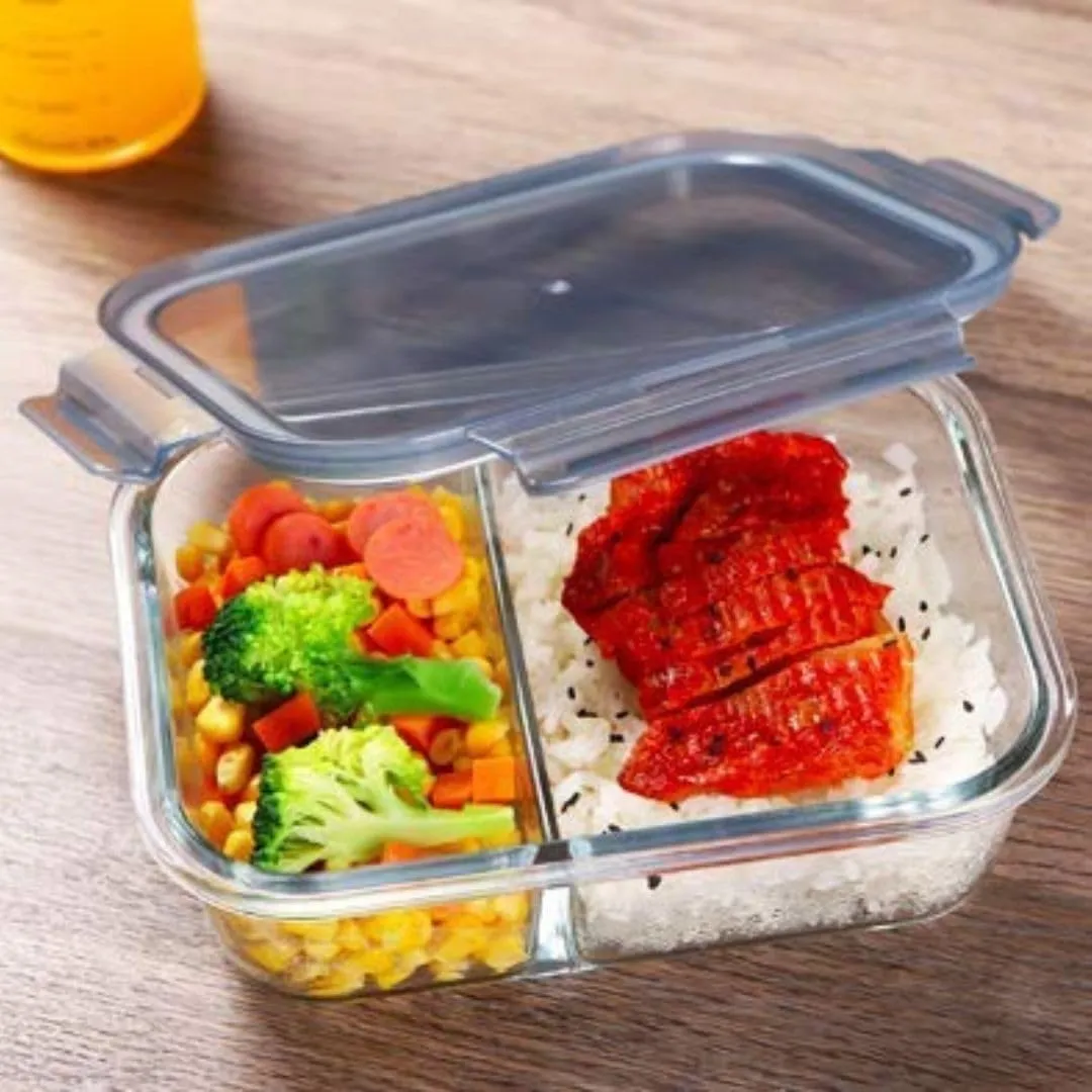AAVIC MART 2 Partition/Compartment Lunch Box/Container Microwave Highly Heat-Resistant Glass Preservation Box for Kitchen or Outdoor Activities with Airtight Lid and Air Valve 1000ML (Set of 2)