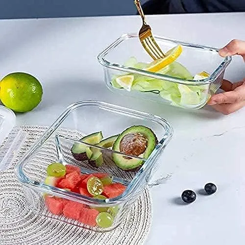 AAVIC MART 2 Partition/Compartment Lunch Box/Container Microwave Highly Heat-Resistant Glass Preservation Box for Kitchen or Outdoor Activities with Airtight Lid and Air Valve 1000ML (Set of 2)