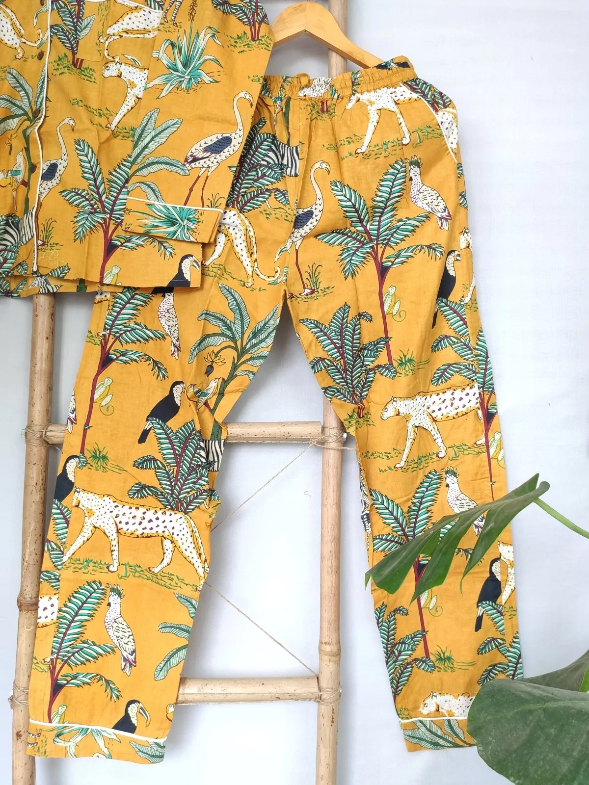 Hand Block Print Indian Soft Cotton PJ Set Loungewear Pastel Mustard Animal Print