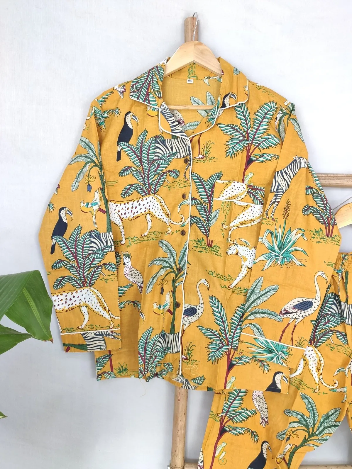 Hand Block Print Indian Soft Cotton PJ Set Loungewear Pastel Mustard Animal Print