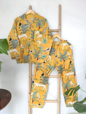 Hand Block Print Indian Soft Cotton PJ Set Loungewear Pastel Mustard Animal Print