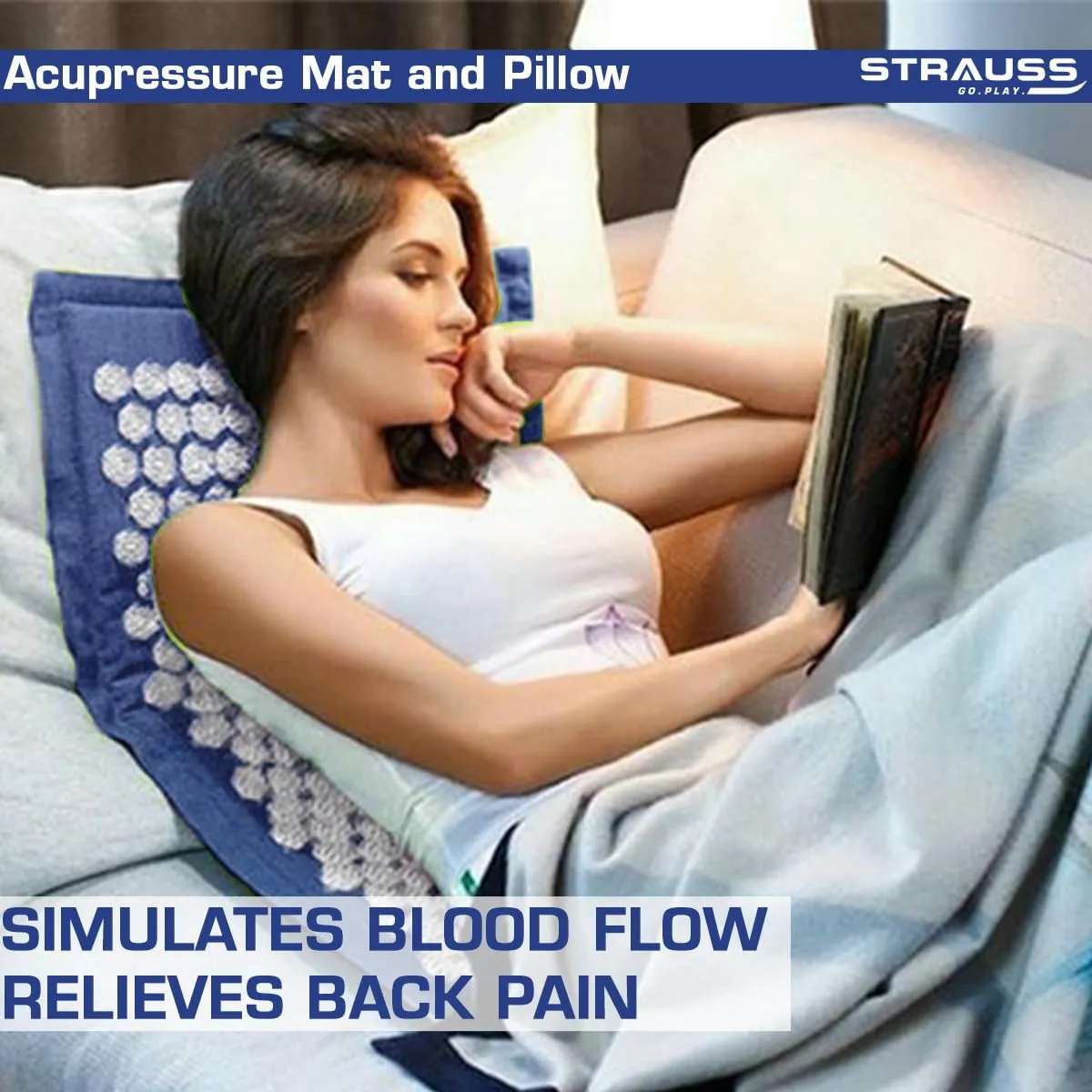 STRAUSS Pain Relief Acupressure Exercise Mat with Pillow | Yoga Acupuncture Mat Trigger Point Therapy, Muscle Relaxation, Cures Sciatica and Blood Circulation | 68 X 42 X 2 CM,(Sky Blue)