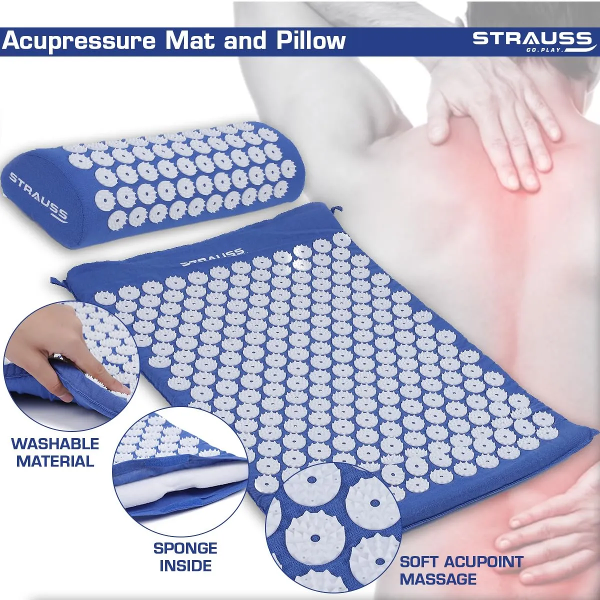 STRAUSS Pain Relief Acupressure Exercise Mat with Pillow | Yoga Acupuncture Mat Trigger Point Therapy, Muscle Relaxation, Cures Sciatica and Blood Circulation | 68 X 42 X 2 CM,(Sky Blue)