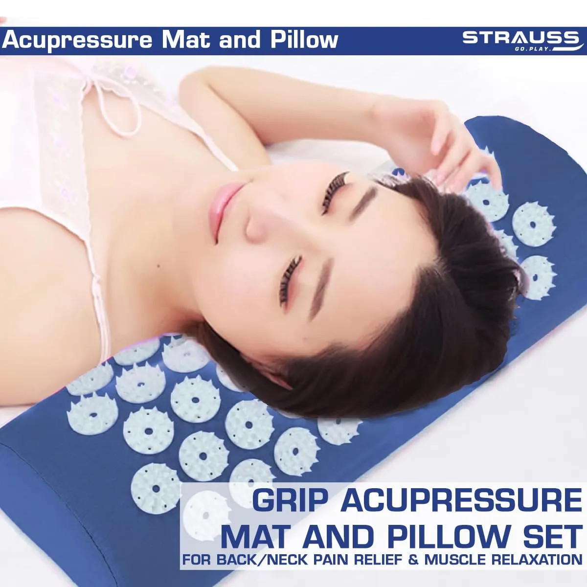 STRAUSS Pain Relief Acupressure Exercise Mat with Pillow | Yoga Acupuncture Mat Trigger Point Therapy, Muscle Relaxation, Cures Sciatica and Blood Circulation | 68 X 42 X 2 CM,(Sky Blue)