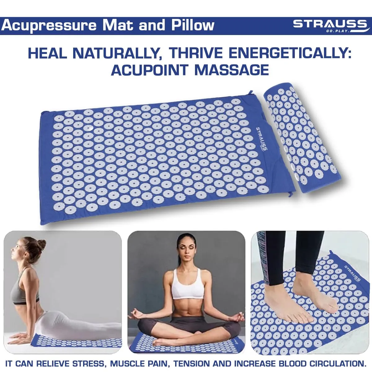 STRAUSS Pain Relief Acupressure Exercise Mat with Pillow | Yoga Acupuncture Mat Trigger Point Therapy, Muscle Relaxation, Cures Sciatica and Blood Circulation | 68 X 42 X 2 CM,(Sky Blue)