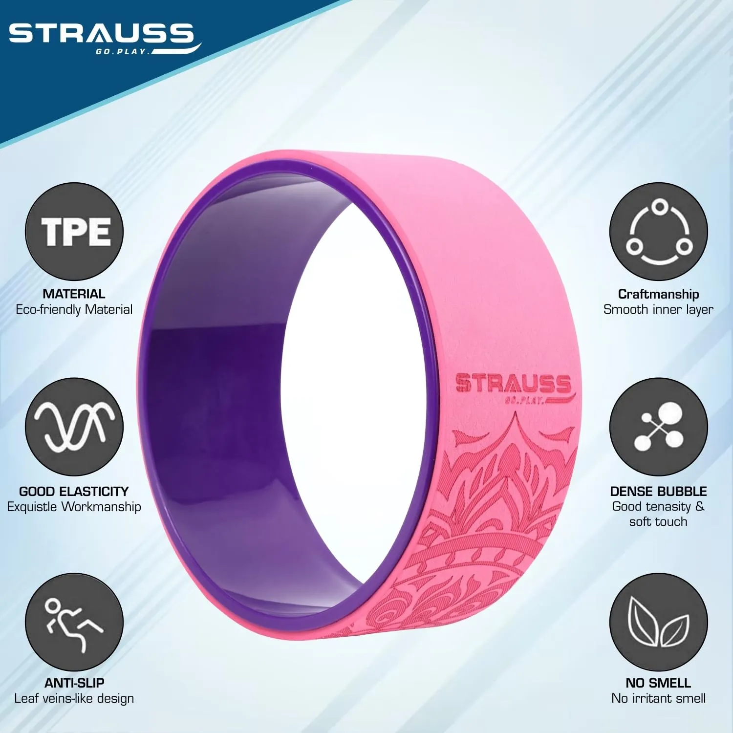 Strauss Yoga Wheel | Ideal for Stretching, Backbends, Exercise, Deep Tissue Massage & Back Pain Relief | Dharma Yoga Prop Wheel with Ultimate Comfort | 12-inch, (Purple/Pink)