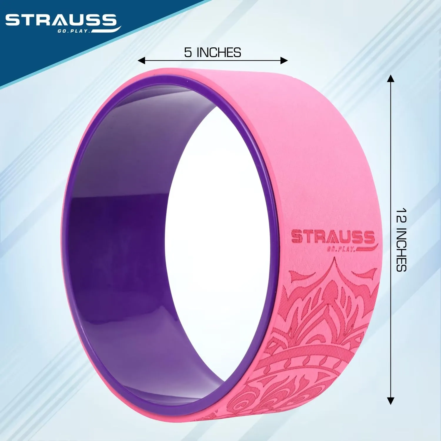 Strauss Yoga Wheel | Ideal for Stretching, Backbends, Exercise, Deep Tissue Massage & Back Pain Relief | Dharma Yoga Prop Wheel with Ultimate Comfort | 12-inch, (Purple/Pink)